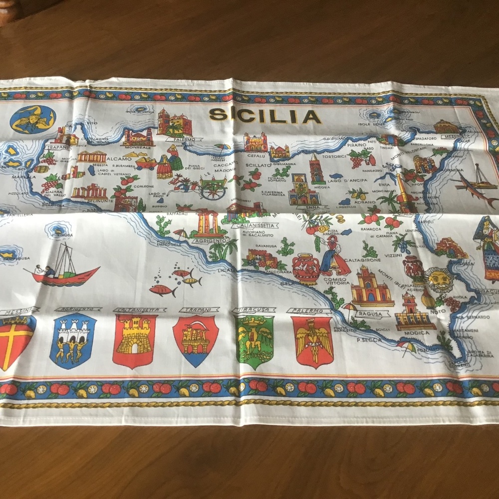 Sicilia Tea Towel Souvenir Cotton Italian Kitchen Cloth Map of Sicily New
